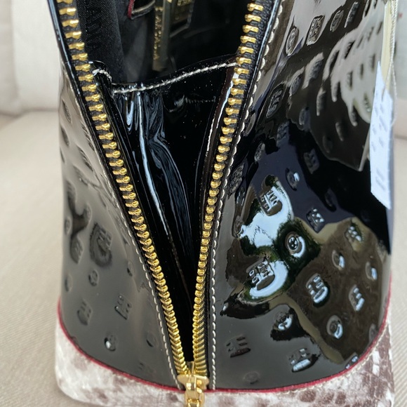 Arcadia Glossy Black and Textured Brown Satchel - Picture 7 of 12